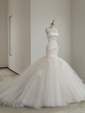 Pretty Mermaid Strapless Satin Tulle Applique Long Wedding Dresses HZ1024
