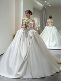 Pretty Ball Gown Strapless Satin Pleated With Veil Long Wedding Dresses HZ1024