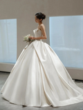 Pretty Ball Gown Strapless Satin Pleated With Veil Long Wedding Dresses HZ1024