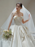 Pretty Ball Gown Strapless Satin Pleated With Veil Long Wedding Dresses HZ1024
