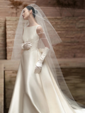 Dreamy A Line Satin Applique Backless With Gloves Veil Long Wedding Dresses HZ1024