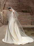 Dreamy A Line Satin Applique Backless With Gloves Veil Long Wedding Dresses HZ1024