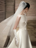 Dreamy A Line Satin Applique Backless With Gloves Veil Long Wedding Dresses HZ1024
