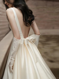 Dreamy A Line Satin Applique Backless With Gloves Veil Long Wedding Dresses HZ1024