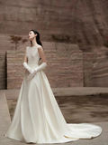 Dreamy A Line Satin Applique Backless With Gloves Veil Long Wedding Dresses HZ1024