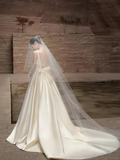 Dreamy A Line Satin Applique Backless With Gloves Veil Long Wedding Dresses HZ1024