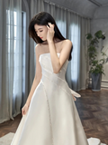 Eelgant A Line Satin Beaded With Veil Long Wedding Dresses HZ1024
