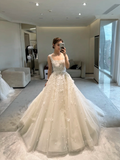 Dreamy Ball Gown Square Tulle Applqiue Long Wedding Dresses HZ1024