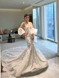 Elegant Mermaid Strapless Tulle Lace Applique Long Wedding Dresses HZ1024