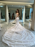 Elegant Mermaid Strapless Tulle Lace Applique Long Wedding Dresses HZ1024