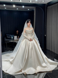 Dreamy Ball Gown Strapless Satin Applique With Veil Sleeves Long Wedding Dresses HZ1024