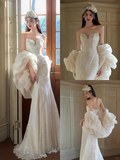 Stunning Mermaid Strapless Tulle Lace Long Wedding Dresses HZ1024