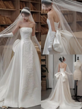 Elegant A Line Strapless Satin Applique With Veil Gloves Long Wedding Dresses HZ1024