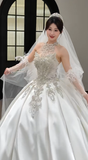 Timeless Ball Gown Halter Satin Sequin Beaded With Veil Long Wedding Dresses HZ1024