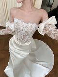 Elegant Mermaid Strapless Satin Lace Pleated With Gloves Long Wedding Dresses HZ1024