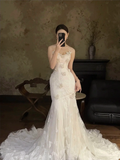 Dreamy Mermaid Strapless Tulle Lace Applique Long Wedding Dresses HZ1024