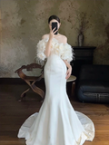 Unique Mermaid Off The Shoulder Satin Applique Long Wedding Dresses HZ1024