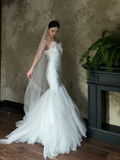 Dreamy Mermaid Strapless Satin Tulle With Veil Long Wedding Dresses HZ1024