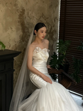 Dreamy Mermaid Strapless Satin Tulle With Veil Long Wedding Dresses HZ1024