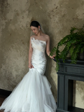 Dreamy Mermaid Strapless Satin Tulle With Veil Long Wedding Dresses HZ1024
