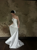 Simple Mermaid Strapless Satin Long Wedding Dresses HZ1024