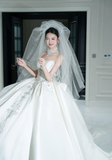 Timeless Ball Gown Strapless Satin Sequin Beaded With Veil Long Wedding Dresses HZ1024