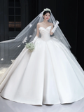 Dreamy Ball Gown Strapless Satin Applique With Gloves Veil Long Wedding Dresses HZ1024