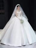 Dreamy Ball Gown Strapless Satin Applique With Gloves Veil Long Wedding Dresses HZ1024