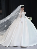 Dreamy Ball Gown Strapless Satin Applique With Gloves Veil Long Wedding Dresses HZ1024