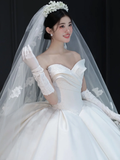 Dreamy Ball Gown Strapless Satin Applique With Gloves Veil Long Wedding Dresses HZ1024