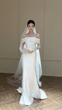 Classy Mermaid Off The Shoulder Satin With Gloves Veil Long Wedding Dresses HZ1024