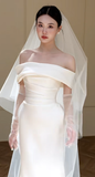 Classy Mermaid Off The Shoulder Satin With Gloves Veil Long Wedding Dresses HZ1024