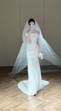 Classy Mermaid Off The Shoulder Satin With Gloves Veil Long Wedding Dresses HZ1024