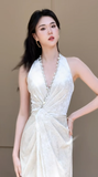 Dreamy A Line Halter Satin Slit Long Wedding Dresses HZ1024