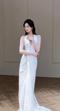 Dreamy A Line Halter Satin Slit Long Wedding Dresses HZ1024