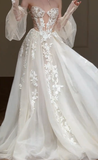 Unique A Line Off The Shoulder Tulle Applique Long Sleeves Long Wedding Dresses HZ1024