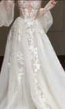 Unique A Line Off The Shoulder Tulle Applique Long Sleeves Long Wedding Dresses HZ1024