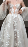 Unique A Line Off The Shoulder Tulle Applique Long Sleeves Long Wedding Dresses HZ1024