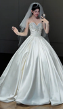 Timeless Ball Gown Strapless Satin Beaded With Veil Long Wedding Dresses HZ1024