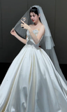 Timeless Ball Gown Strapless Satin Beaded With Veil Long Wedding Dresses HZ1024