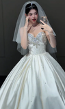 Timeless Ball Gown Strapless Satin Beaded With Veil Long Wedding Dresses HZ1024