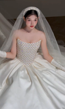 Stunning Ball Gown Strapless Satin Beaded With Gloves Veil Long Wedding Dresses HZ1024