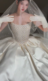 Stunning Ball Gown Strapless Satin Beaded With Gloves Veil Long Wedding Dresses HZ1024