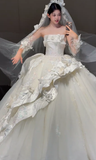 Gorgeous Ball Gown Strapless Satin Tulle Applique With Sleeves Veil Long Wedding Dresses HZ1024