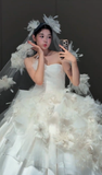 Timeless Ball Gown Strapless Satin Tulle Applique With Veil Long Wedding Dresses HZ1024