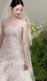 Dreamy Mermaid Strapless Tulle Beads With Veil Long Wedding Dresses HZ1024