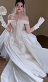 Timeless Ball Gown Off The Shoulder Satin Lace Applique With Gloves Veil Long Wedding Dresses HZ1024