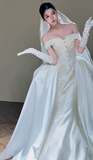 Timeless Ball Gown Off The Shoulder Satin Lace Applique With Gloves Veil Long Wedding Dresses HZ1024