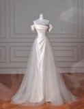 Elegant A Line Off The Shoulder Satin Tulle Long Wedding Dresses HZ1024