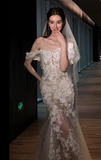 Dreamy Mermaid Off The Shoulder Tulle Lace Applique With Veil Long Wedding Dresses HZ1024
